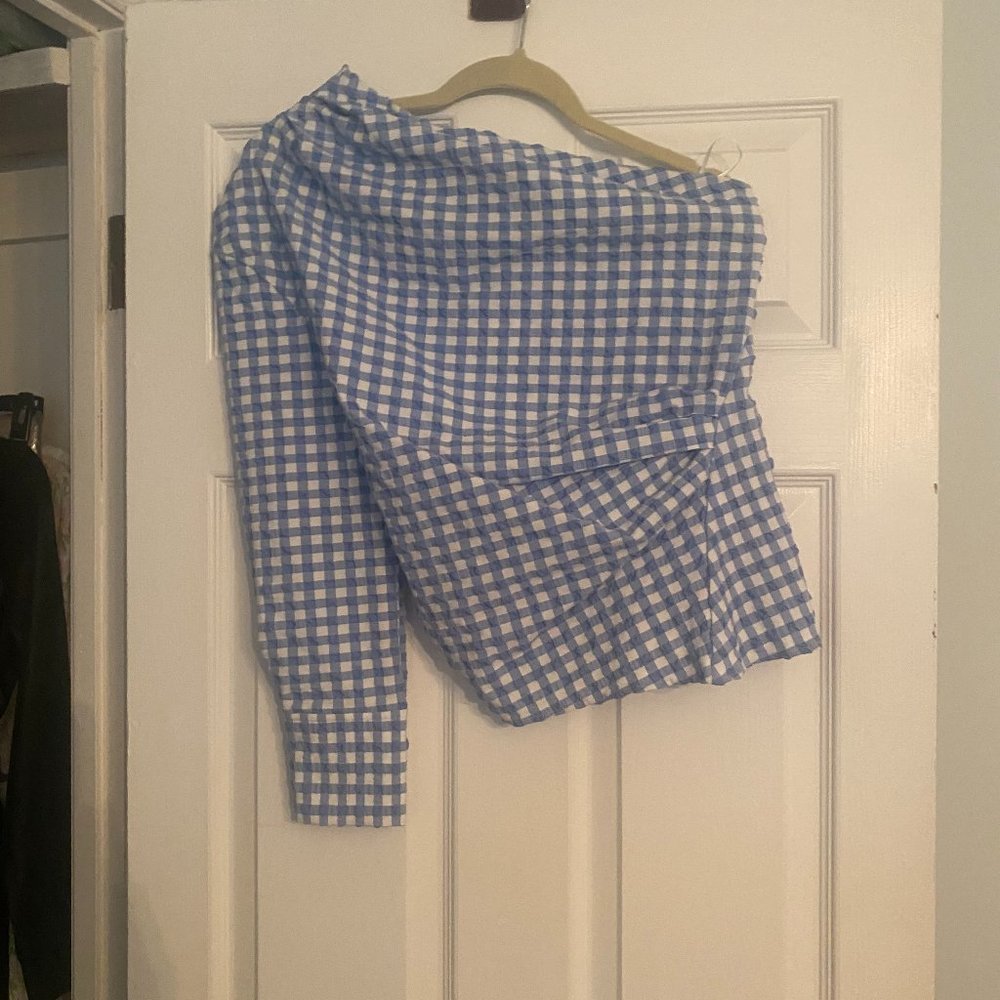 Zara Size S Blue and White Checkered One Shoulder Long Sleeve Top, NWT